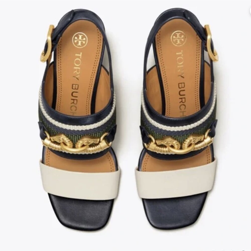 Tory Burch Blue and Green Sandals with Chunky Wedge Heel